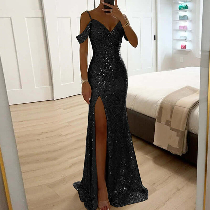 Sequin Evening Gown, Off-Shoulder, Figure-Hugging, V-Neck