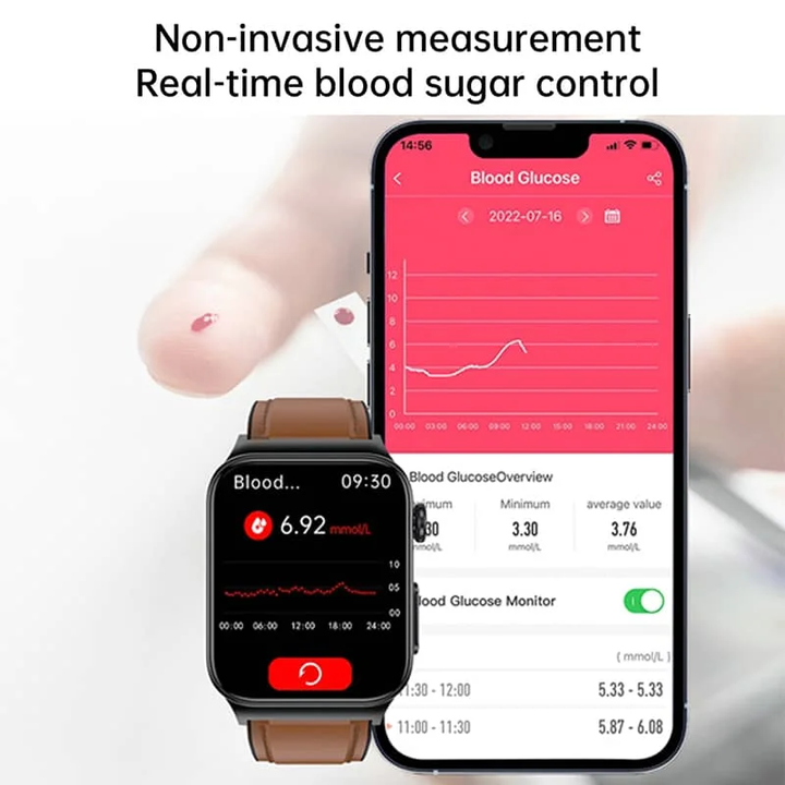 "ECG smart watch for men and women with 1.83'' HD touch screen, health monitoring features, and sleek black design."