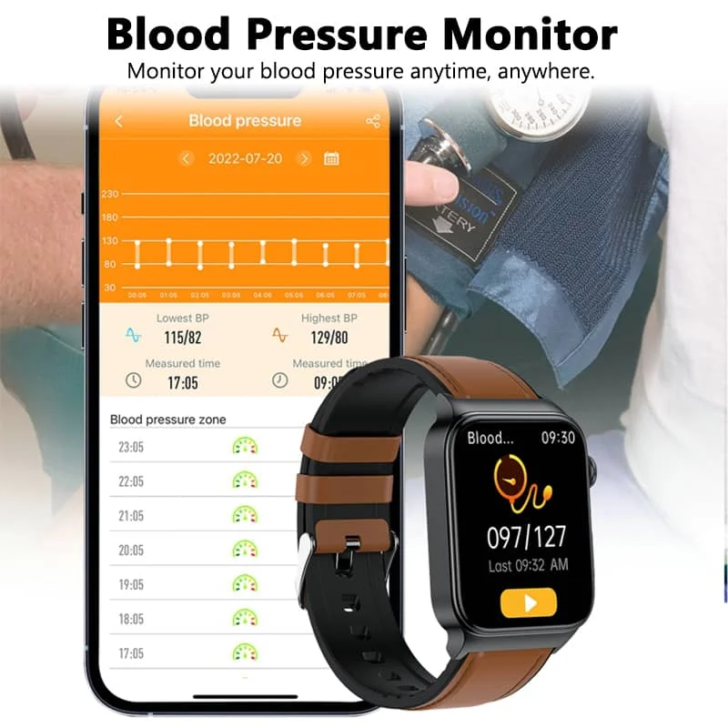 "ECG smart watch for men and women with 1.83'' HD touch screen, health monitoring features, and sleek black design."
