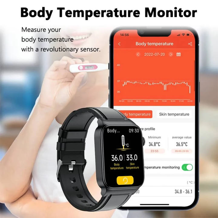 "ECG smart watch for men and women with 1.83'' HD touch screen, health monitoring features, and sleek black design."
