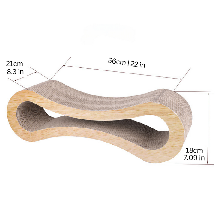 "Eco-friendly cat scratching lounge with wood-like design, spacious, promoting feline comfort and claw health."