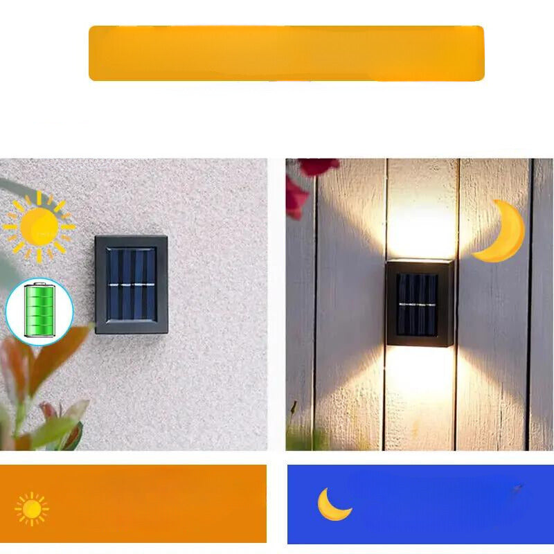 Eco-friendly outdoor solar wall light with modern design, emits warm glow, weather-resistant for gardens and patios.