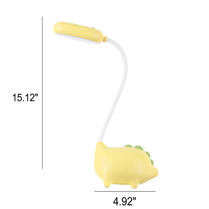 Eco-friendly T-Rex LED desk light for kids; whimsical dino shape, adjustable neck, soft eye-caring light; available in yellow