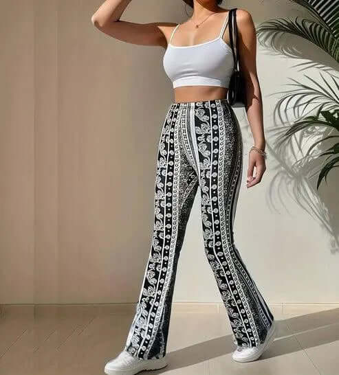 High-Waisted Patterned Flare Trousers