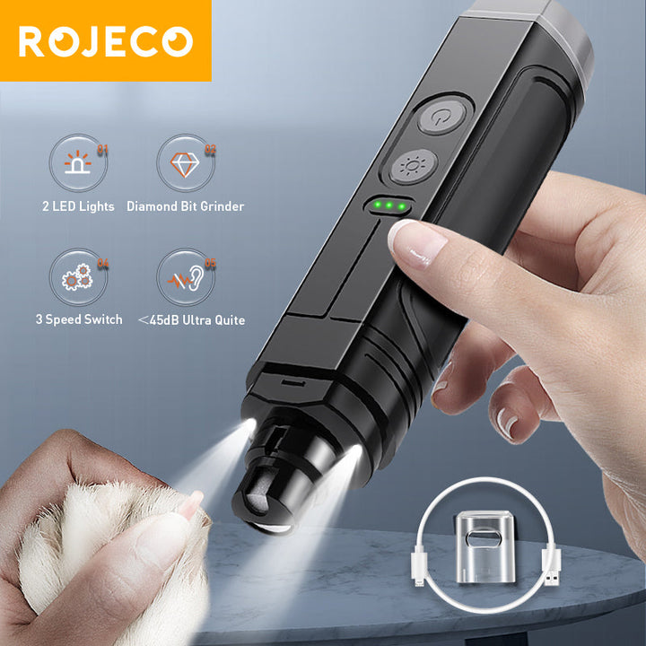 Electric LED pet nail clipper for dogs and cats, featuring USB rechargeable design and precision LED light for safe trimming.