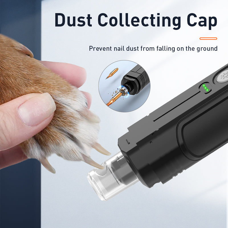 Electric LED pet nail clipper for dogs and cats, featuring USB rechargeable design and precision LED light for safe trimming.
