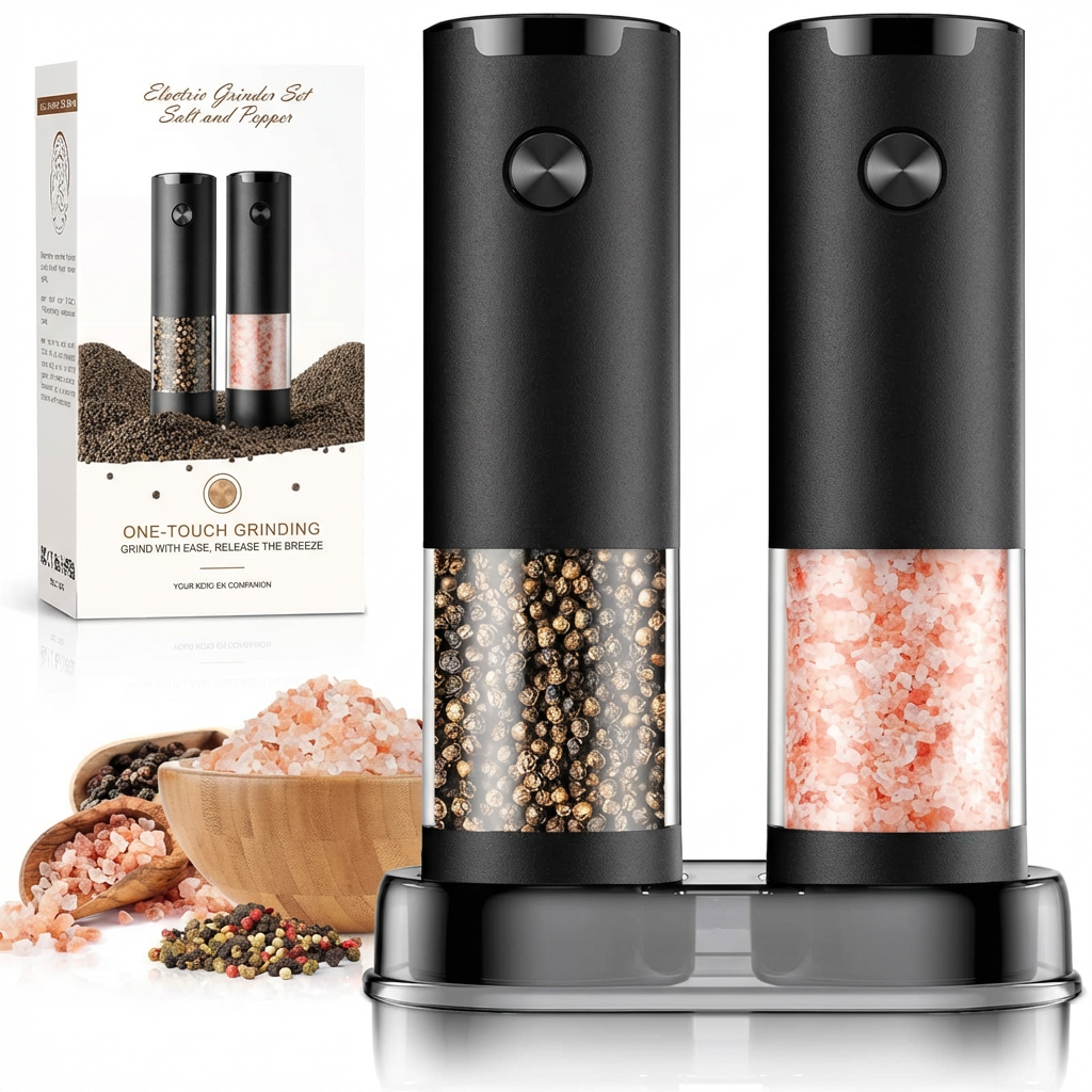 Electric salt and pepper grinder set for effortless, automatic seasoning. Perfect cordless kitchen tool for home chefs.