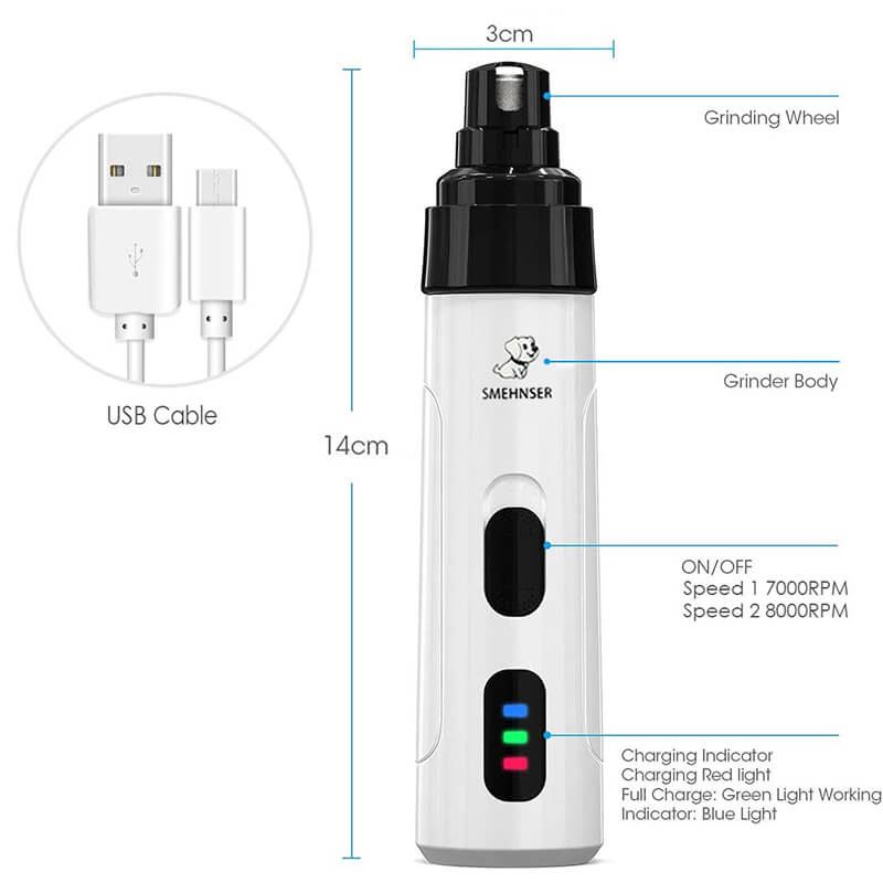 Electric silent nail trimmer for dogs and cats, lightweight, USB rechargeable, ultra-quiet, stress-free pet grooming tool.