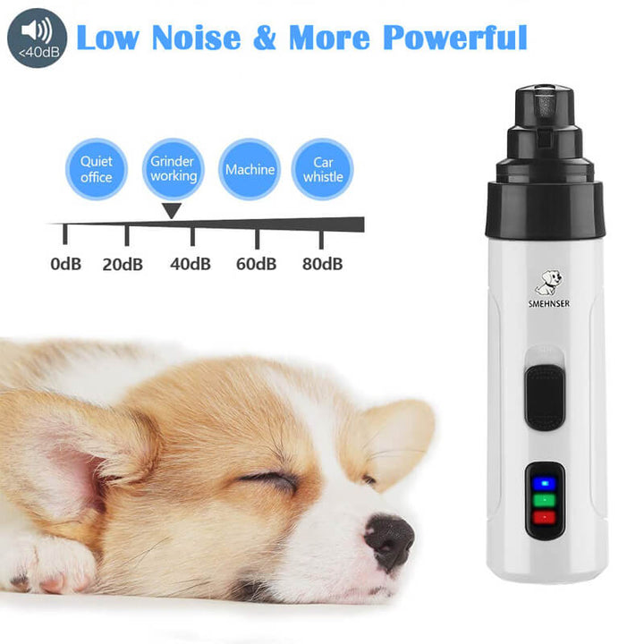 Electric silent nail trimmer for dogs and cats, lightweight, USB rechargeable, ultra-quiet, stress-free pet grooming tool.
