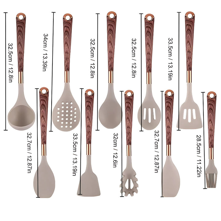 Elegant 10-piece silicone utensil set, heat resistant, features ergonomic handles, minimalist design for modern kitchens.