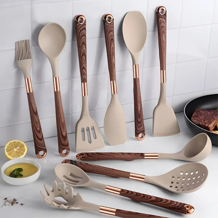 Elegant 10-piece silicone utensil set, heat resistant, features ergonomic handles, minimalist design for modern kitchens.