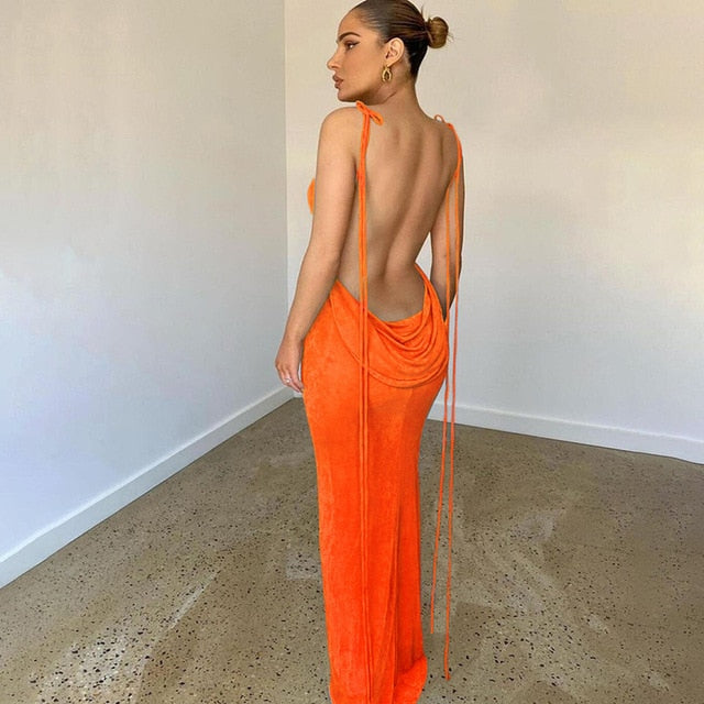 Sophisticated women's low back maxi dress, a formal and elegant choice.