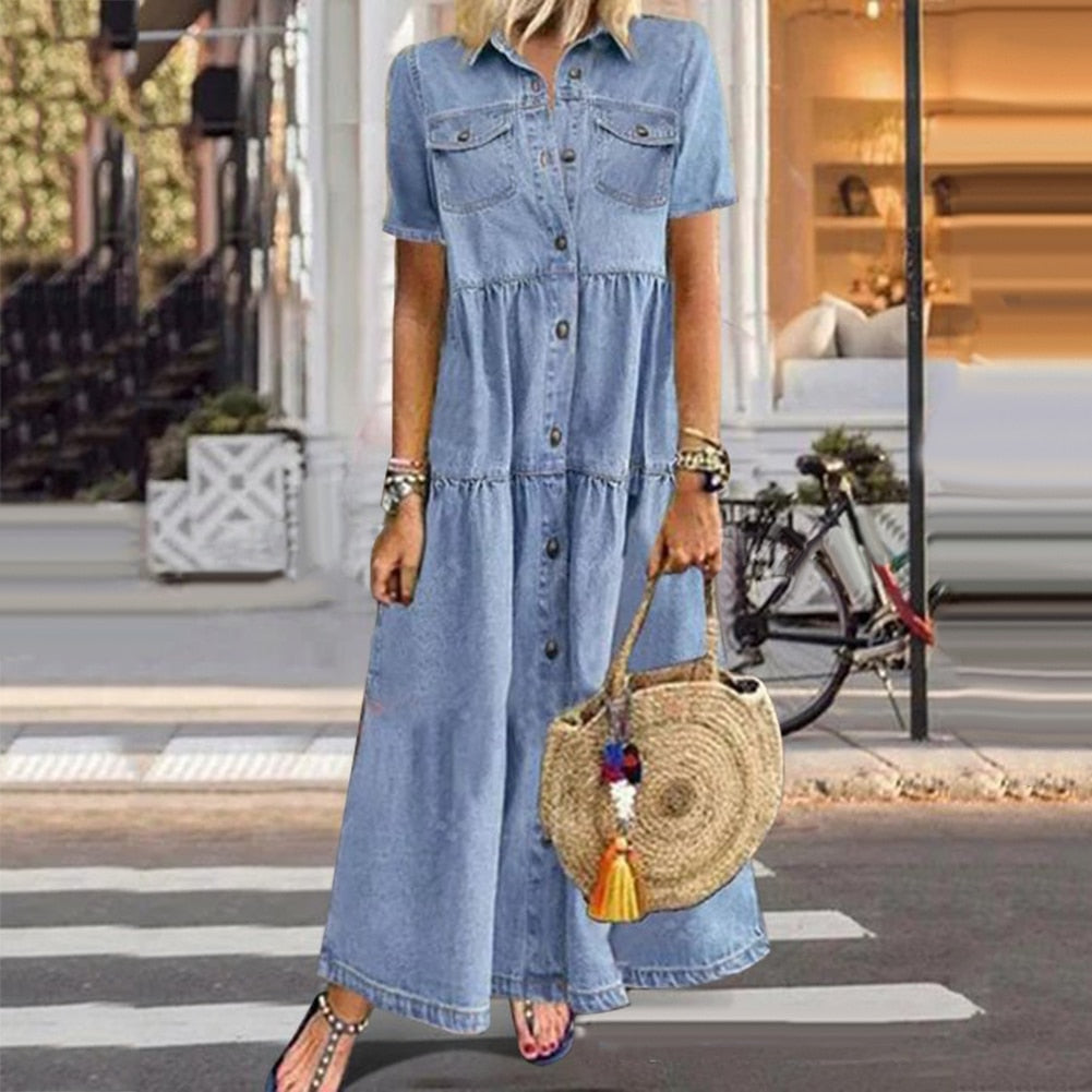 Stylish women's casual denim dress in a comfortable blue fabric. Versatile for summer fashion & everyday wear.