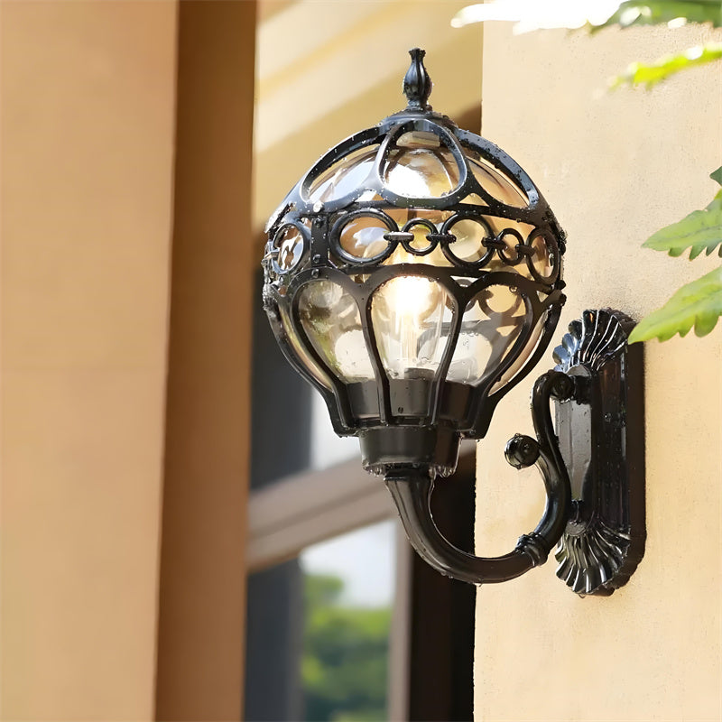 "Elegant bronze/black outdoor wall light with matte finish, transparent globe shade, perfect for garden or porch lighting."