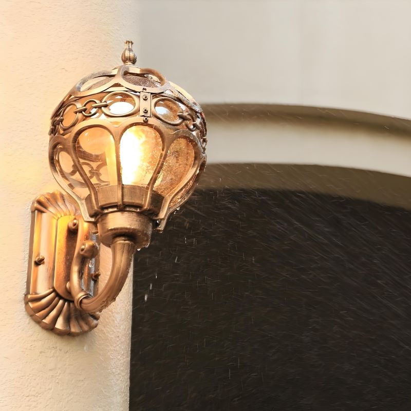 "Elegant bronze/black outdoor wall light with matte finish, transparent globe shade, perfect for garden or porch lighting."