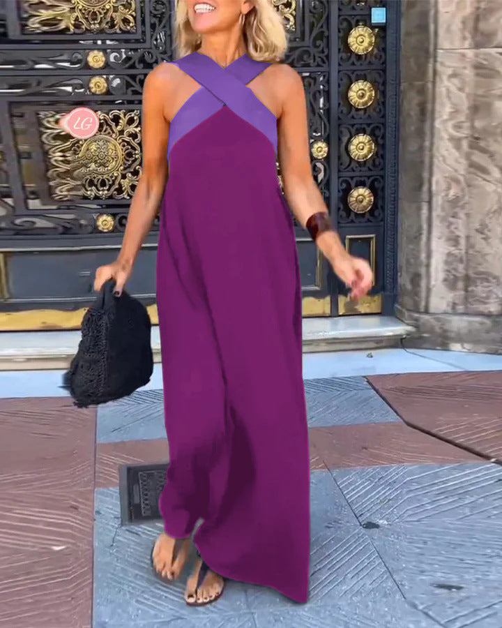 Elegant women's cross-neck maxi dress, perfect evening wear, flowing & sophisticated. Comfortable fit.