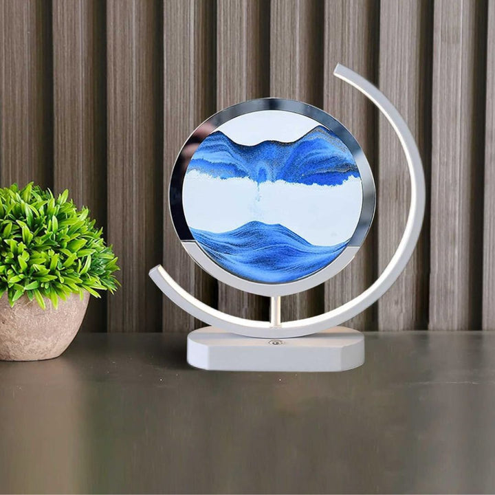 "Elegant deep sea sand art with shifting sands, LED lighting in sleek frame, enhancing home decor with calming visuals."