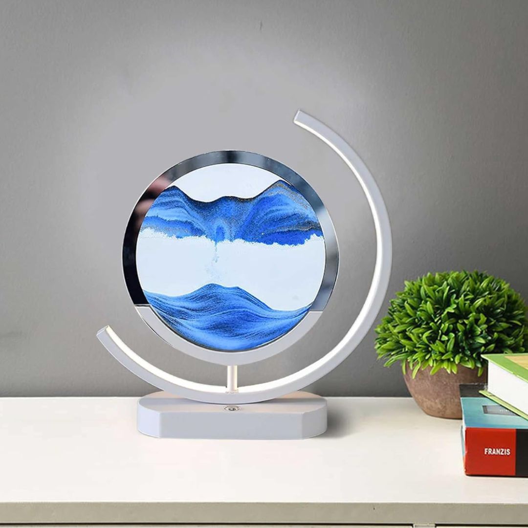 "Elegant deep sea sand art with shifting sands, LED lighting in sleek frame, enhancing home decor with calming visuals."