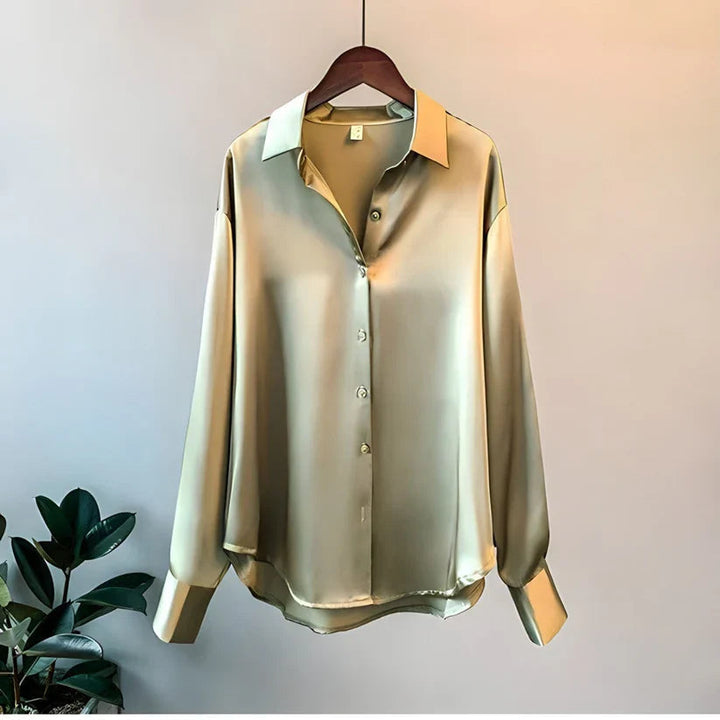 Sophisticated women's elegant flowy blouse, a long sleeve collared top for formal wear & work.