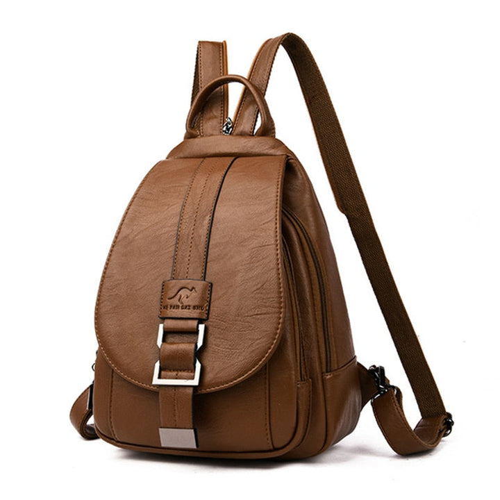 Back view of women's anti-theft genuine leather travel backpack, water-resistant.