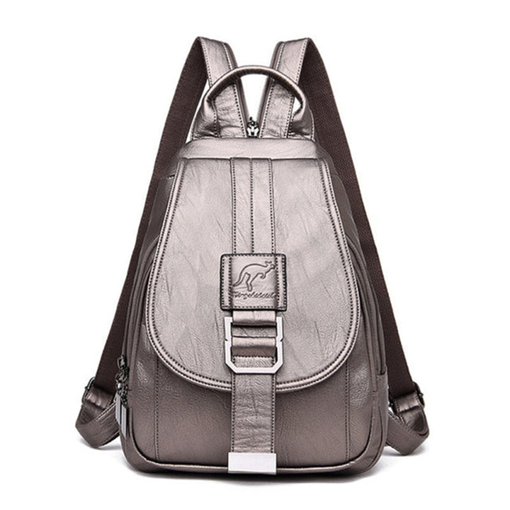 Elegant genuine leather backpack for women, worn on shoulder, water-resistant.