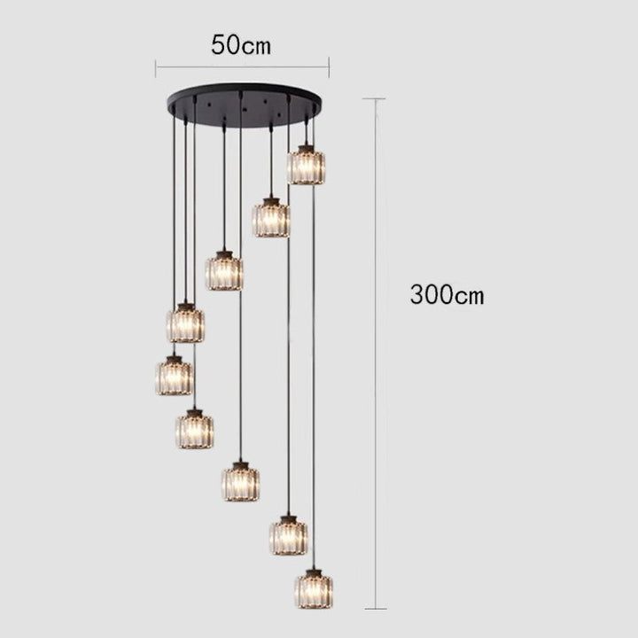 "Elegant gold and black crystal chandelier with cascading crystals, perfect for staircases and grand entryways, luxurious lig