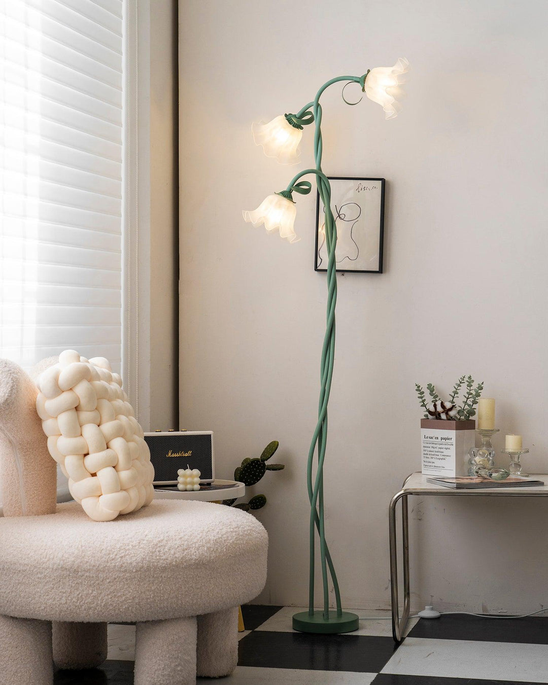 Elegant green floor lamp with white calla flower accents, matte finish, and metal construction, enhancing home decor.