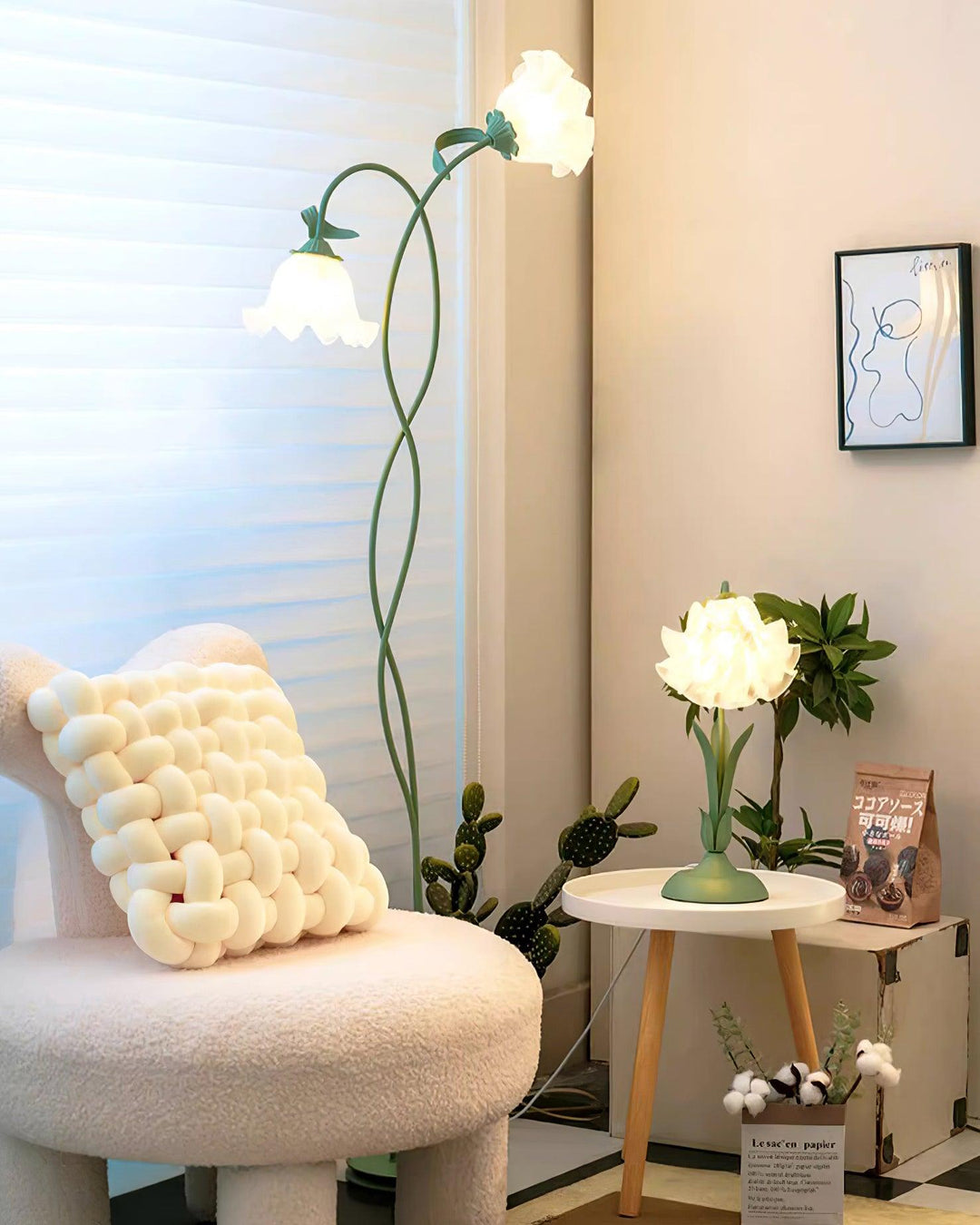 Elegant green floor lamp with white calla flower accents, matte finish, and metal construction, enhancing home decor.