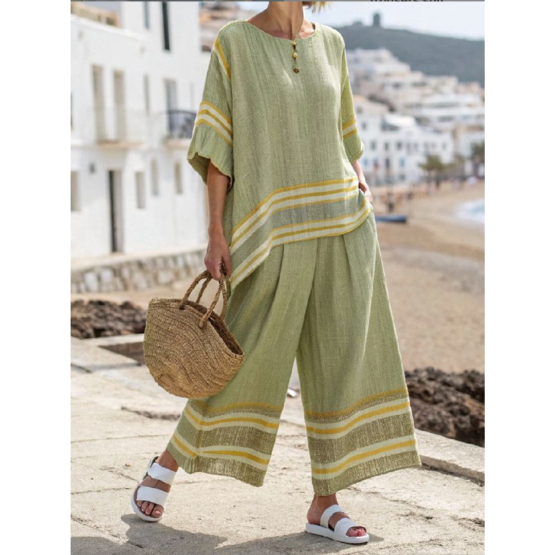 Elegant green striped women's two-piece set. Comfortable & versatile outfit for spring/summer fashion.