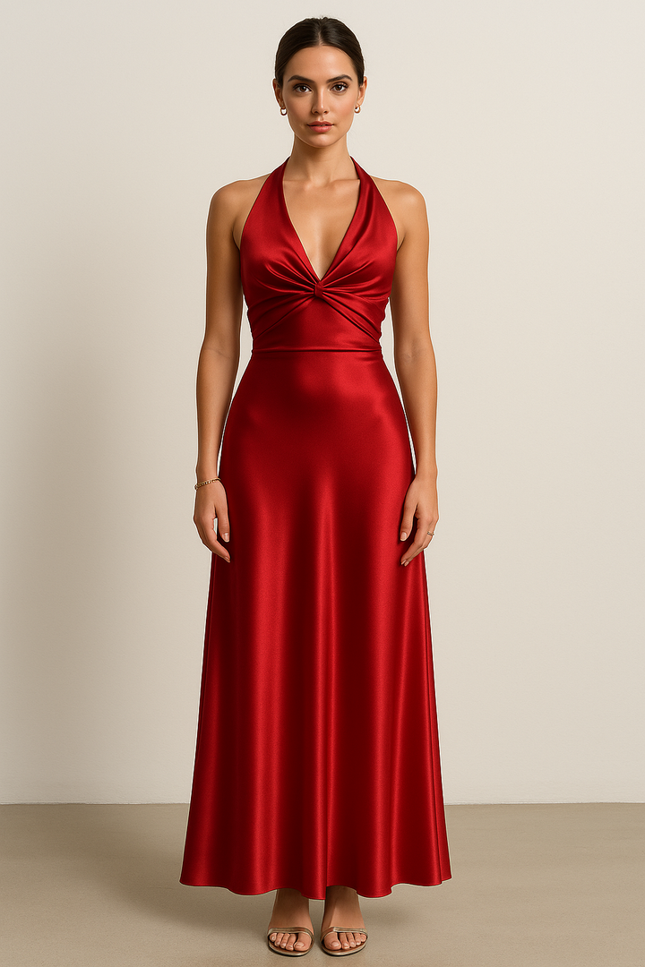 Graceful women's halter maxi dress, a flowing long gown for prom, evening, or gala events.