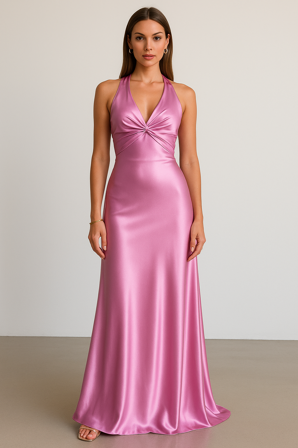 Stunning women's halter prom maxi gown with an elegant twist front & open back, perfect for special events.