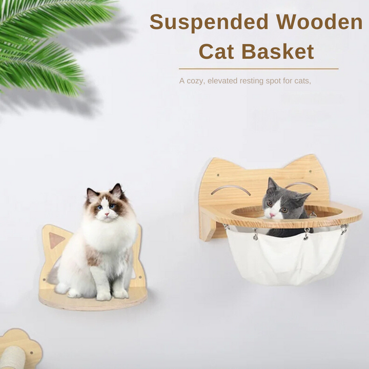 "Elegant hanging wooden cat basket, elevated perch, modern home décor, stylish pet supplies, cozy wooden hammock."