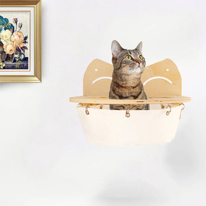 "Elegant hanging wooden cat basket, elevated perch, modern home décor, stylish pet supplies, cozy wooden hammock."