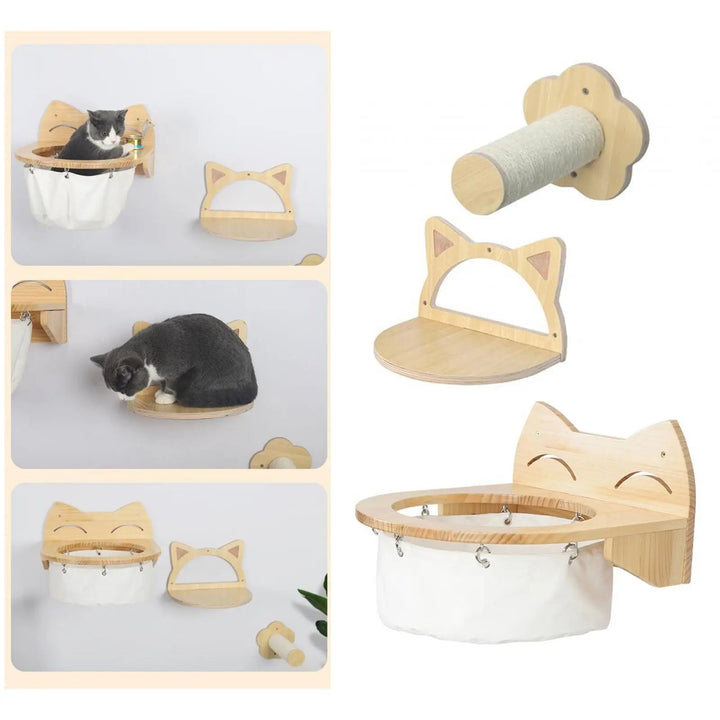 "Elegant hanging wooden cat basket, elevated perch, modern home décor, stylish pet supplies, cozy wooden hammock."