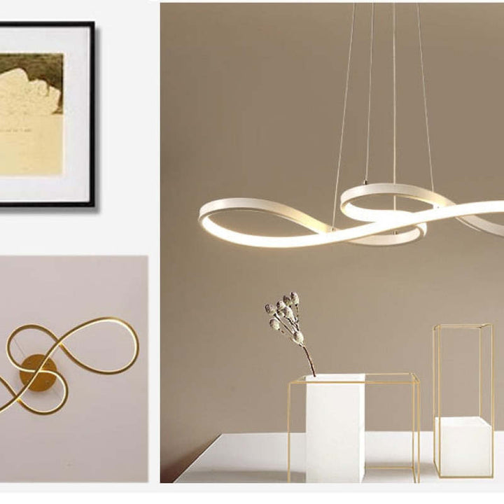"Elegant LED pendant lamp with musical notes design in metallic black, white, and gold, creating a contemporary aesthetic."