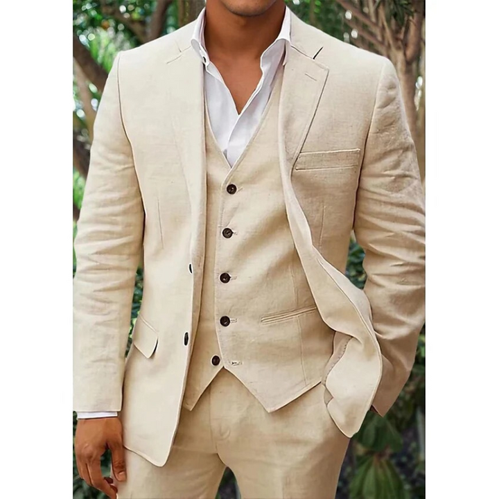 Elegant men's blue linen 3-piece suit set, tailored fit with jacket, waistcoat, trousers. Perfect for formal events.