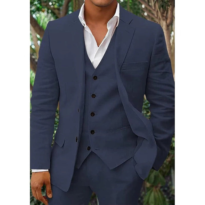 Elegant men's blue linen 3-piece suit set, tailored fit with jacket, waistcoat, trousers. Perfect for formal events.