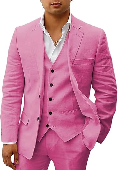 Elegant men's blue linen 3-piece suit set, tailored fit with jacket, waistcoat, trousers. Perfect for formal events.