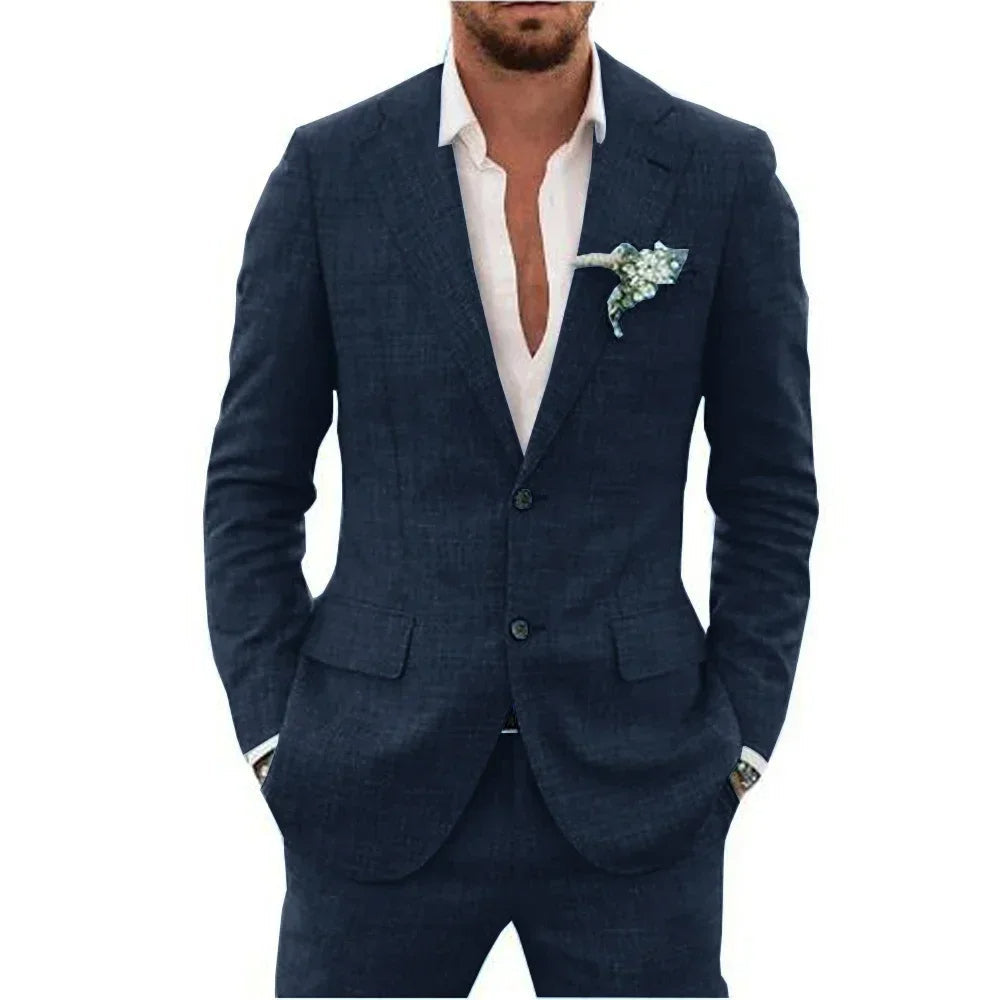 "Elegant men's linen blend suit, tailored fit, versatile for weddings or business, shown in stylish shades, breathable fabric