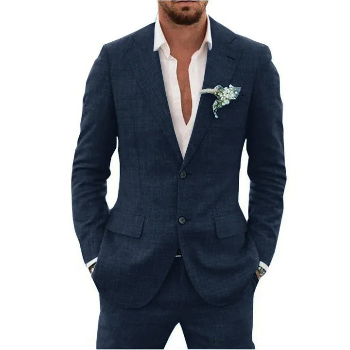 "Elegant men's linen blend suit, tailored fit, versatile for weddings or business, shown in stylish shades, breathable fabric