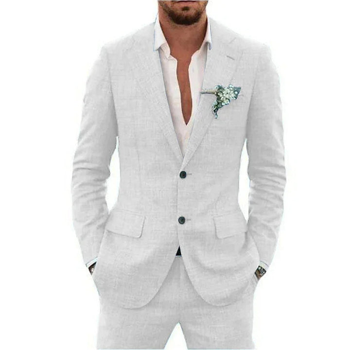 "Elegant men's linen blend suit, tailored fit, versatile for weddings or business, shown in stylish shades, breathable fabric