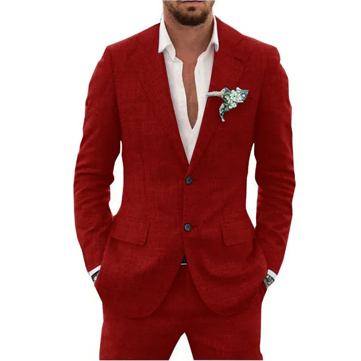 "Elegant men's linen blend suit, tailored fit, versatile for weddings or business, shown in stylish shades, breathable fabric