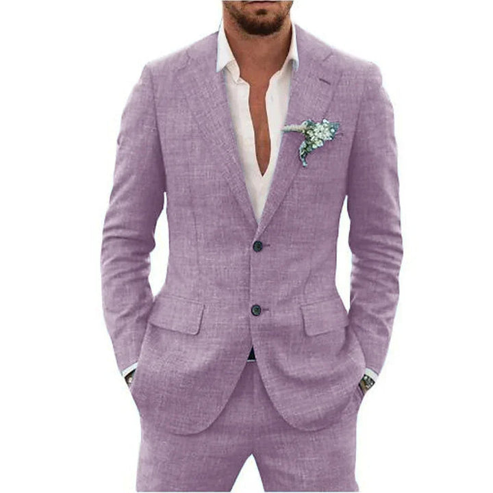 "Elegant men's linen blend suit, tailored fit, versatile for weddings or business, shown in stylish shades, breathable fabric