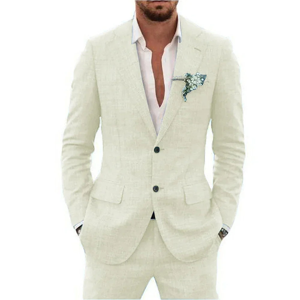 "Elegant men's linen blend suit, tailored fit, versatile for weddings or business, shown in stylish shades, breathable fabric