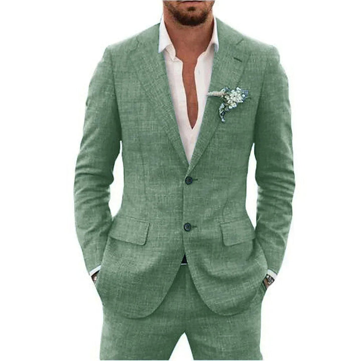 "Elegant men's linen blend suit, tailored fit, versatile for weddings or business, shown in stylish shades, breathable fabric