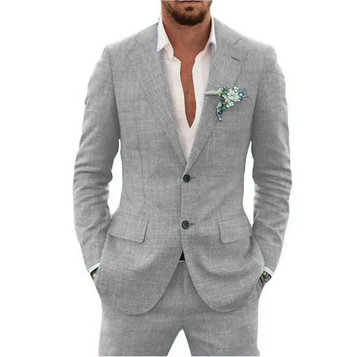 "Elegant men's linen blend suit, tailored fit, versatile for weddings or business, shown in stylish shades, breathable fabric