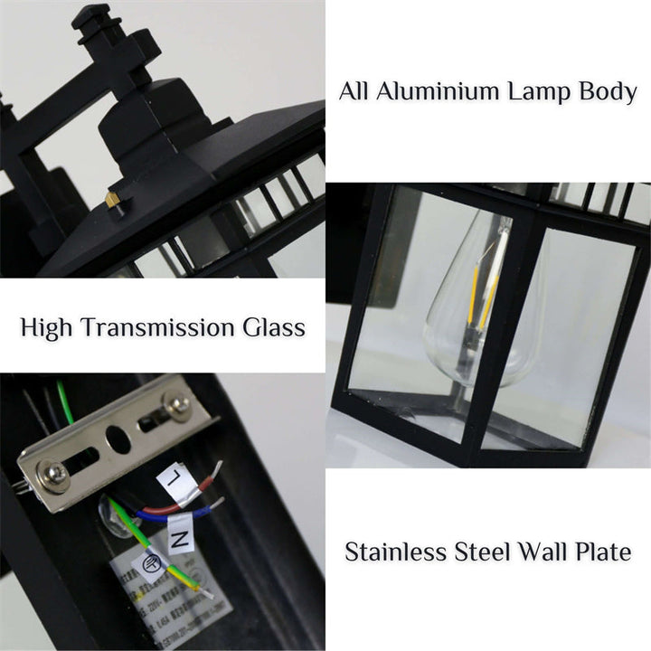 "Elegant outdoor waterproof lantern wall light with black finish and glass shade, perfect for gardens and porches."