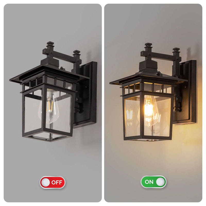 "Elegant outdoor waterproof lantern wall light with black finish and glass shade, perfect for gardens and porches."