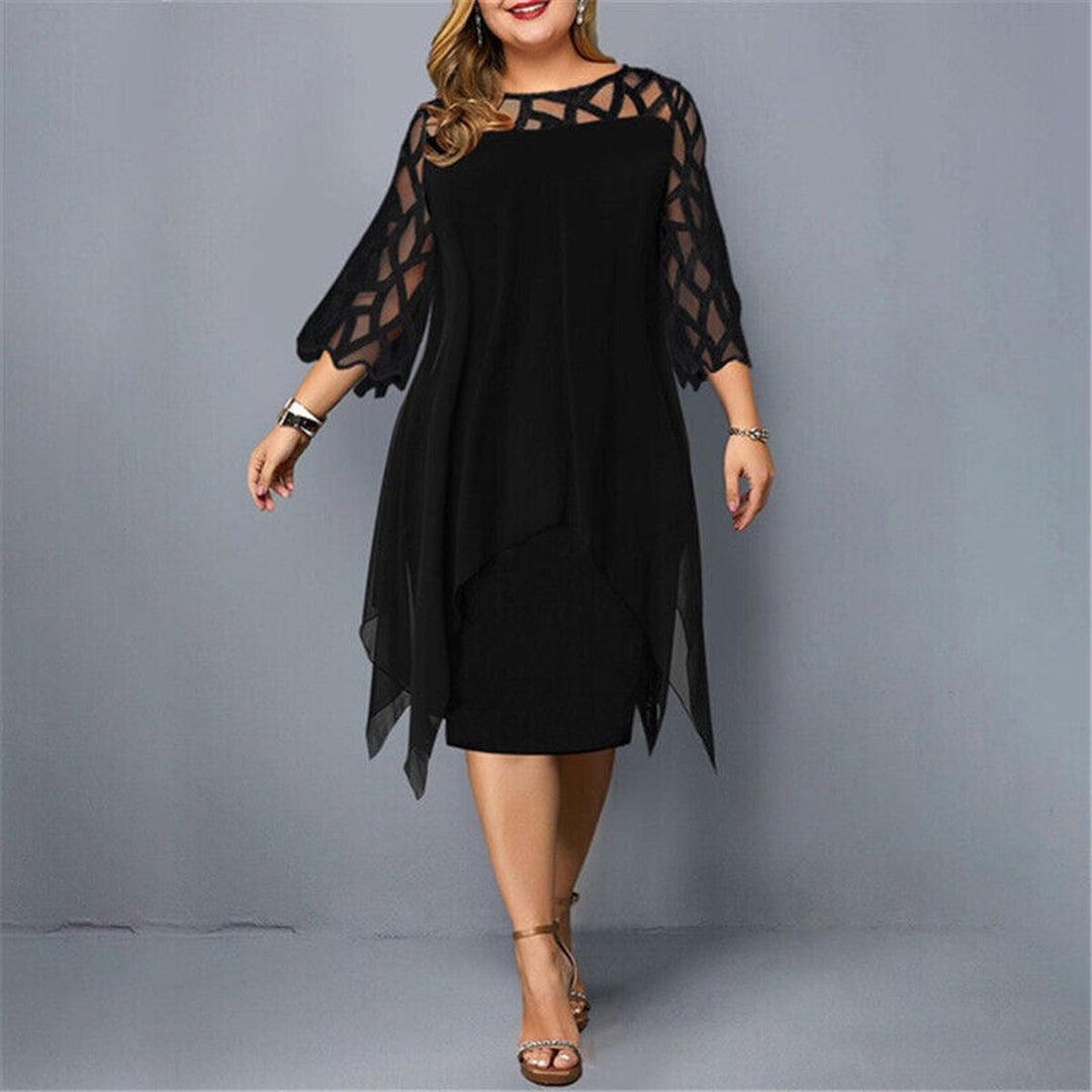 Close-up: elegant long sleeves on a women's plus size midi evening dress, perfect for special occasions.