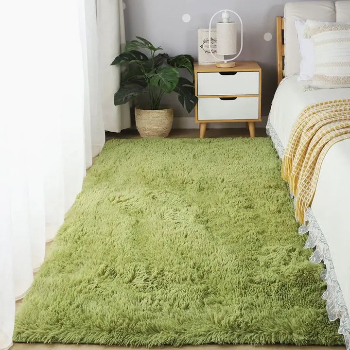 "Elegant round ultra-soft fluffy rug, non-slip, plush texture, perfect for home decor, enhances cozy room atmosphere."